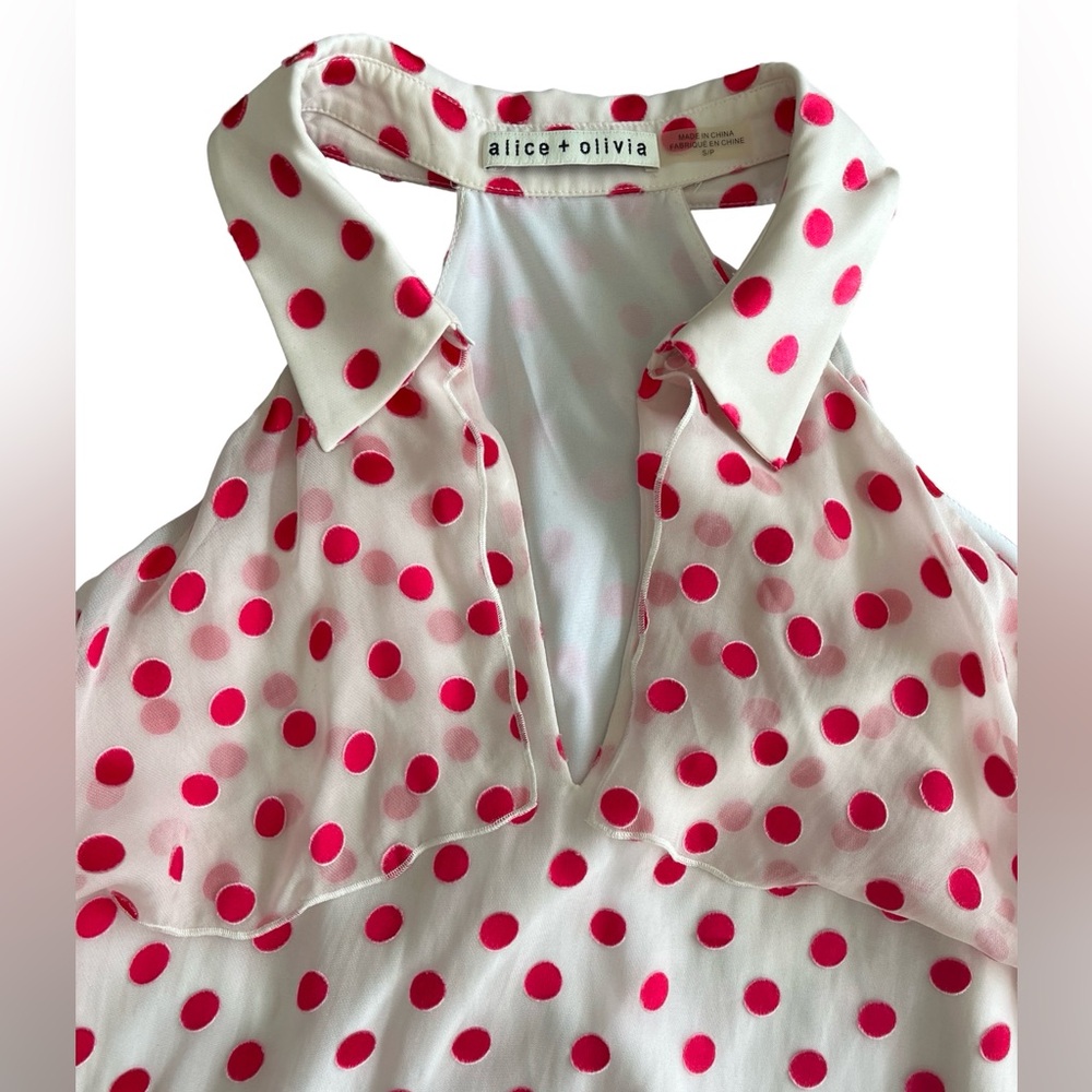 Alice + Olivia Blayne Cold Shoulder Ruffle Blouse Sz S Pink Polka Dot - Picture 3 of 5